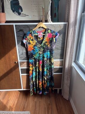Johnny Was Black V-Neck Floral Midi Dress with Multicolor Blooms